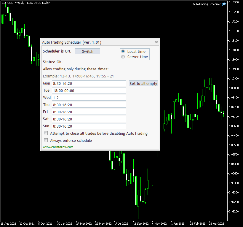 AutoTrading Scheduler - an example chart with some schedule given for the week