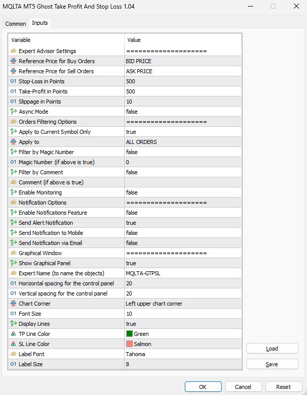 Ghost SL &amp; TP EA - Input Parameters in MT5
