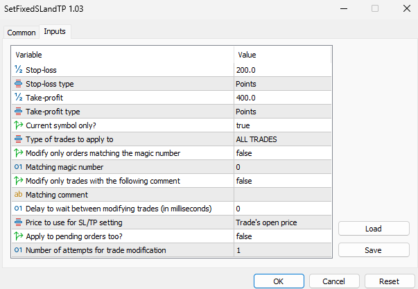 Input parameters for the Set Fixed SL and TP script in MetaTrader 5
