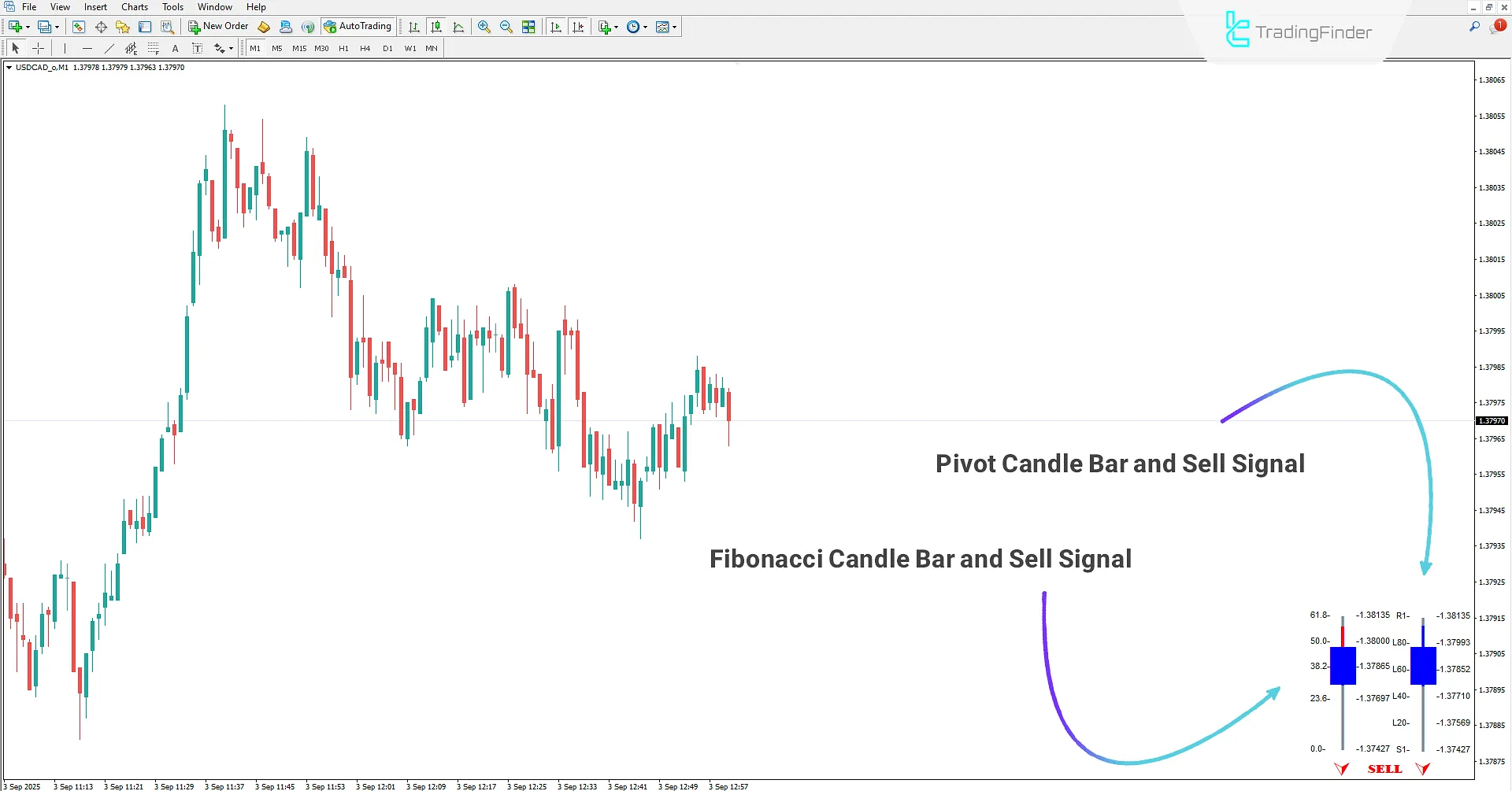 Sell ​​Signal Displayed by Fibo Pivot Candle Bar Indicator