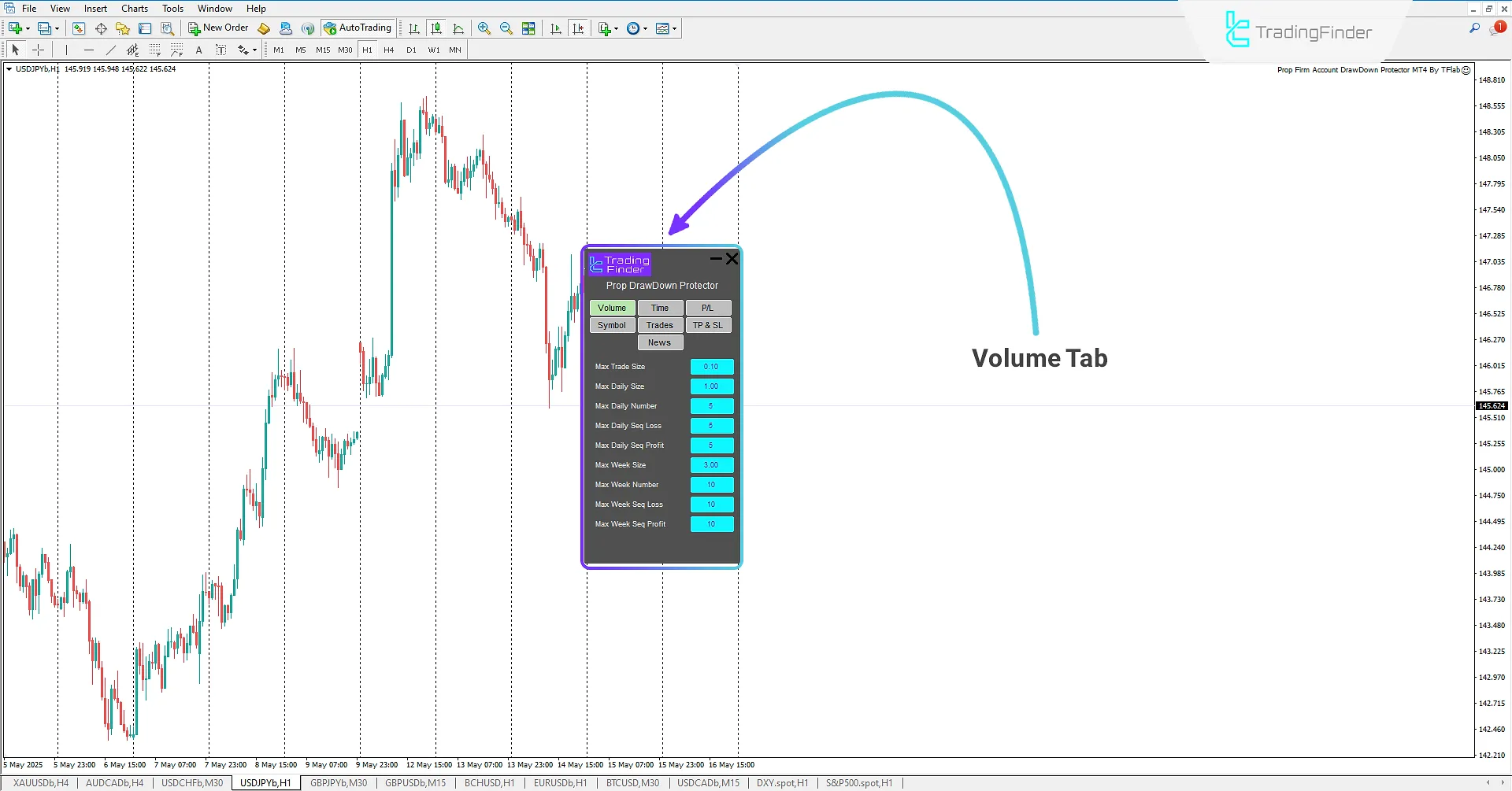 Volume Tab in Prop Draw Down Protector Expert Advisor
