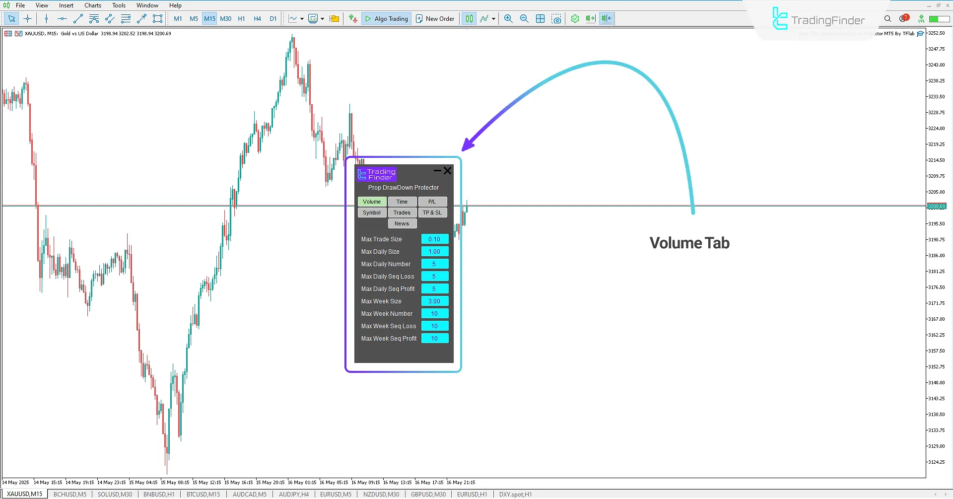 Volume Tab in Prop Draw Down Protector Expert