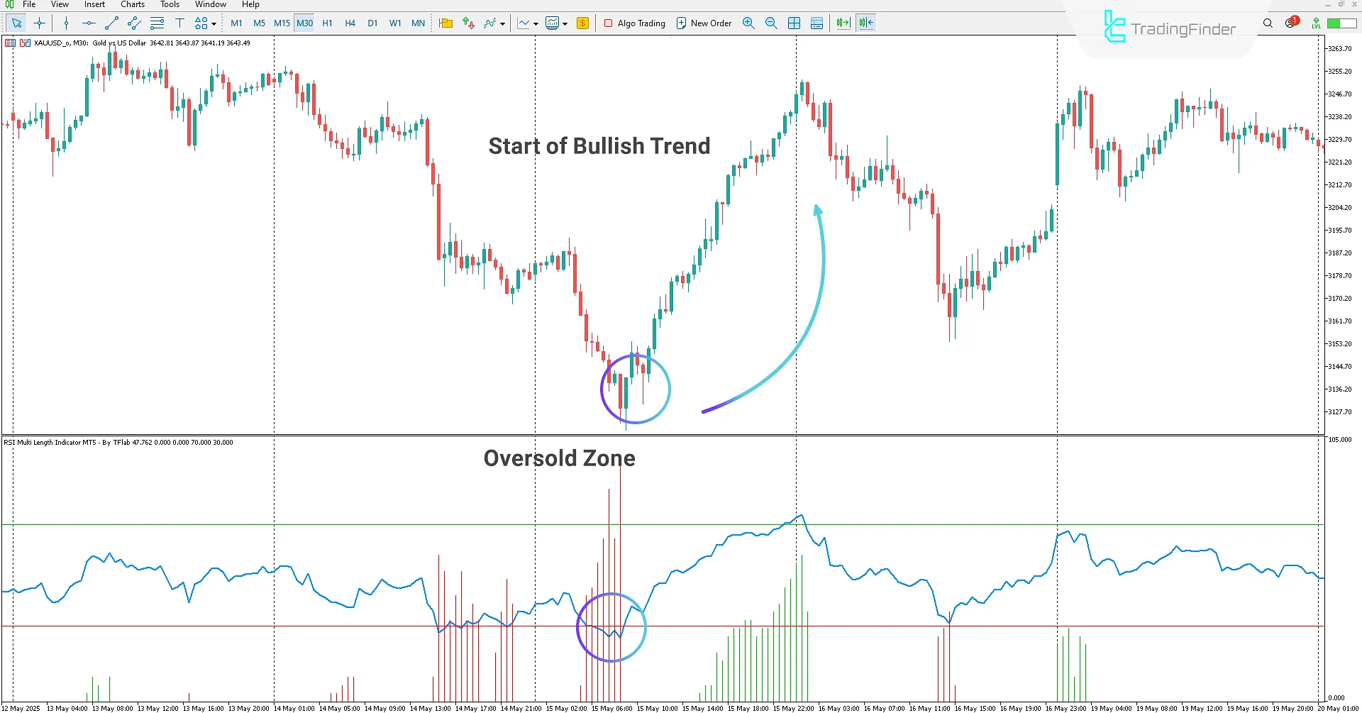 Oversold area in the RSI Adaptive Length Indicator