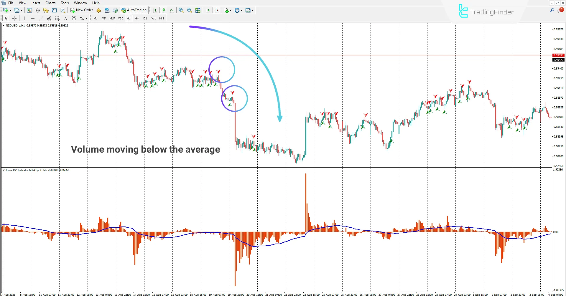 Sell ​​signal in the RV Volume Indicator